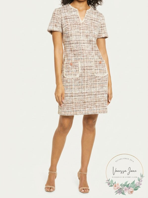 Connected Apparel Tweed Pocket Detail Dress, Size 8