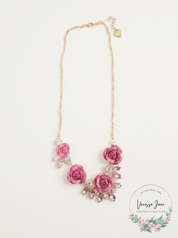 Betsey Johnson Gold-Tone Glitter Rose Frontal Necklace - Pink Multi