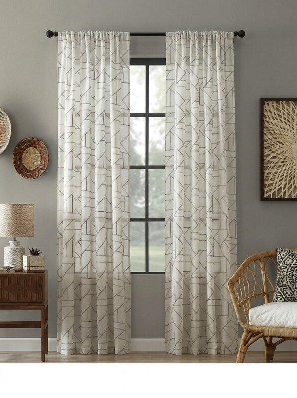 Archaeo Jigsaw Embroidery Linen Blend Rod Pocket Curtain Panel, Grey, 50X95