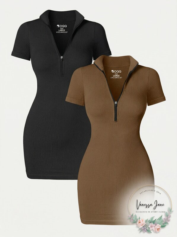 OQQ 2 Pieces Zip Front Short Sleeve Mini Dress, Size Large
