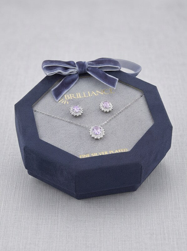Brilliance Cubic Zirconia Oval Halo Necklace and Stud Earring Set, Womens,