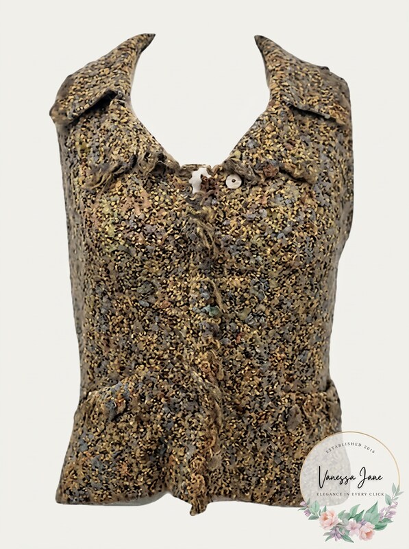 Curio Vest VNeck S Notch Lapel Fury Pockets Acrylic Crochet Hairy Couture, Small