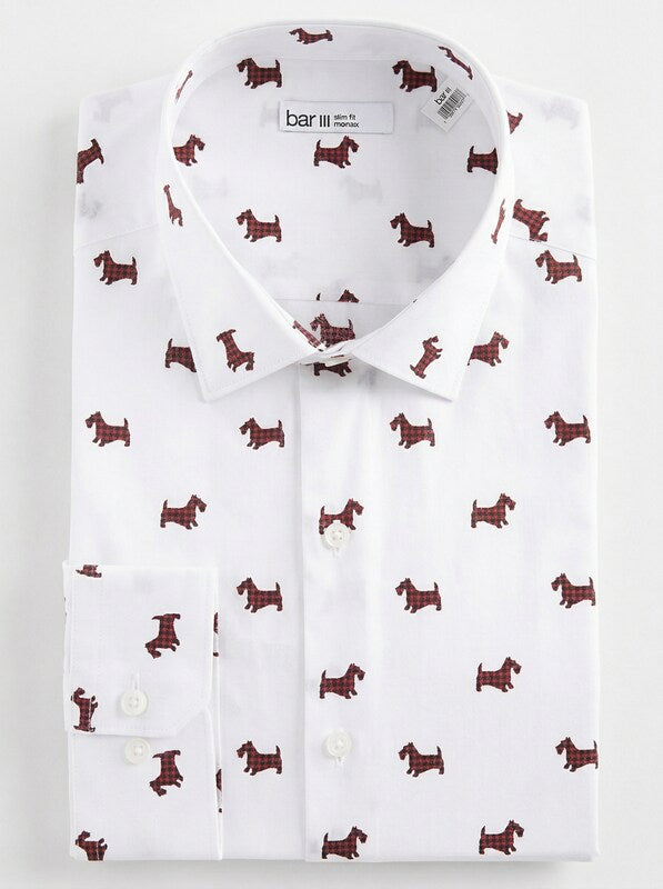 bar 111 dress shirts Bar III Mens Slim-Fit Stretch Scottie Print Dress Shirt, 14-14 1/2-32/33/White
