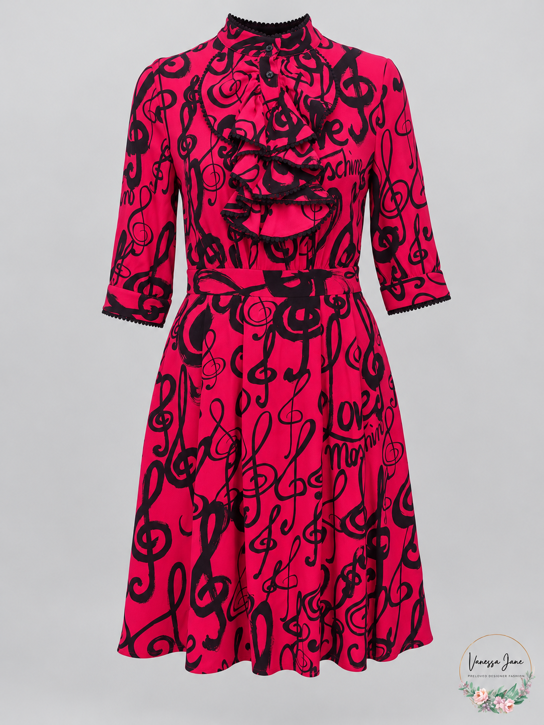 Love Moschino Fuchsia Black Music Print Jabot Ruffle Dress Size 42 stock