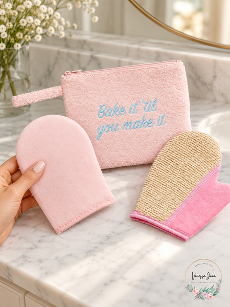 Macy's Bake It Til You Make It Tanning Mitt Body Scrub Mitt Pouch Set lifestyle