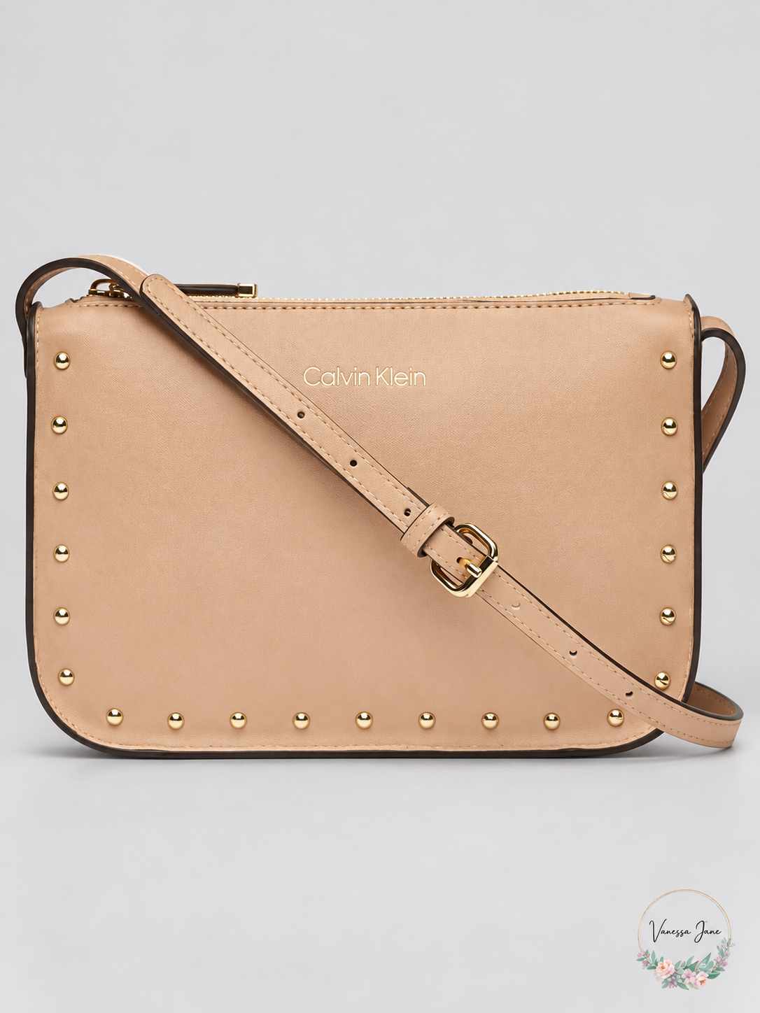 Calvin Klein Cashew Tan Studded Leather Crossbody Bag