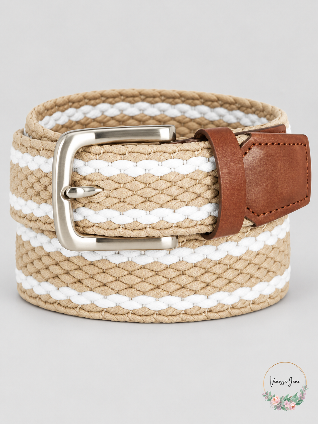 Club Room Men's Sand White Braided Stretch Belt stock
