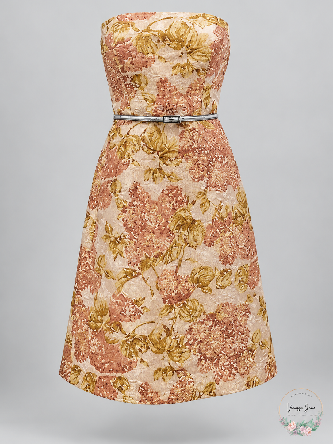 Ann Taylor Strapless Floral Brocade Belted Dress Blush Gold Size 6 stock