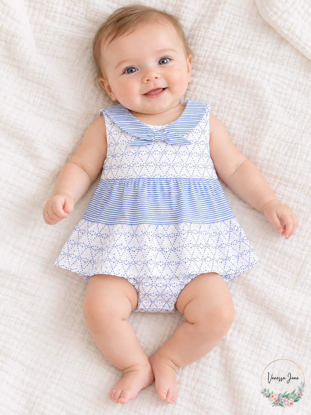 First Impressions Baby Girls Blue & White Bow Romper 3-6 Months — lifestyle photo