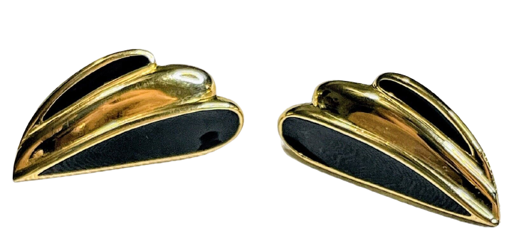 Vintage Trifari Gold Tone Black Enamel Accent Pierced Earrings