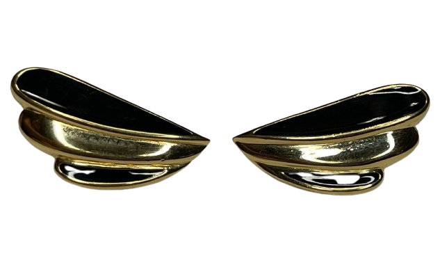 Vintage Trifari Gold Tone Black Enamel Accent Pierced Earrings