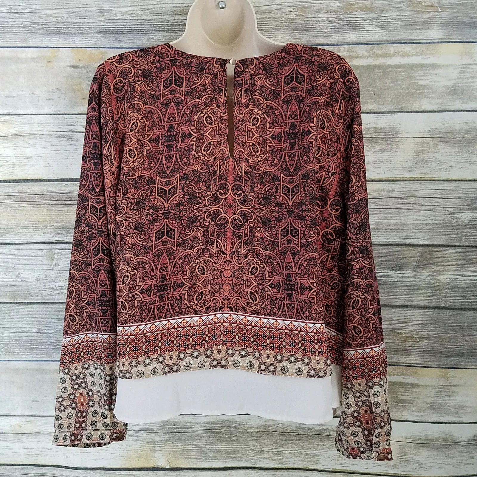 Fourteenth Place Blouse Brown Orange Geometric Print, Size Medium