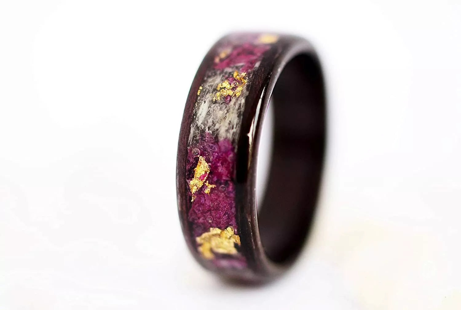 Vytvir 5 Year Anniversary Wood Ring With Purple Orchid and Gold Flakes. Size 8