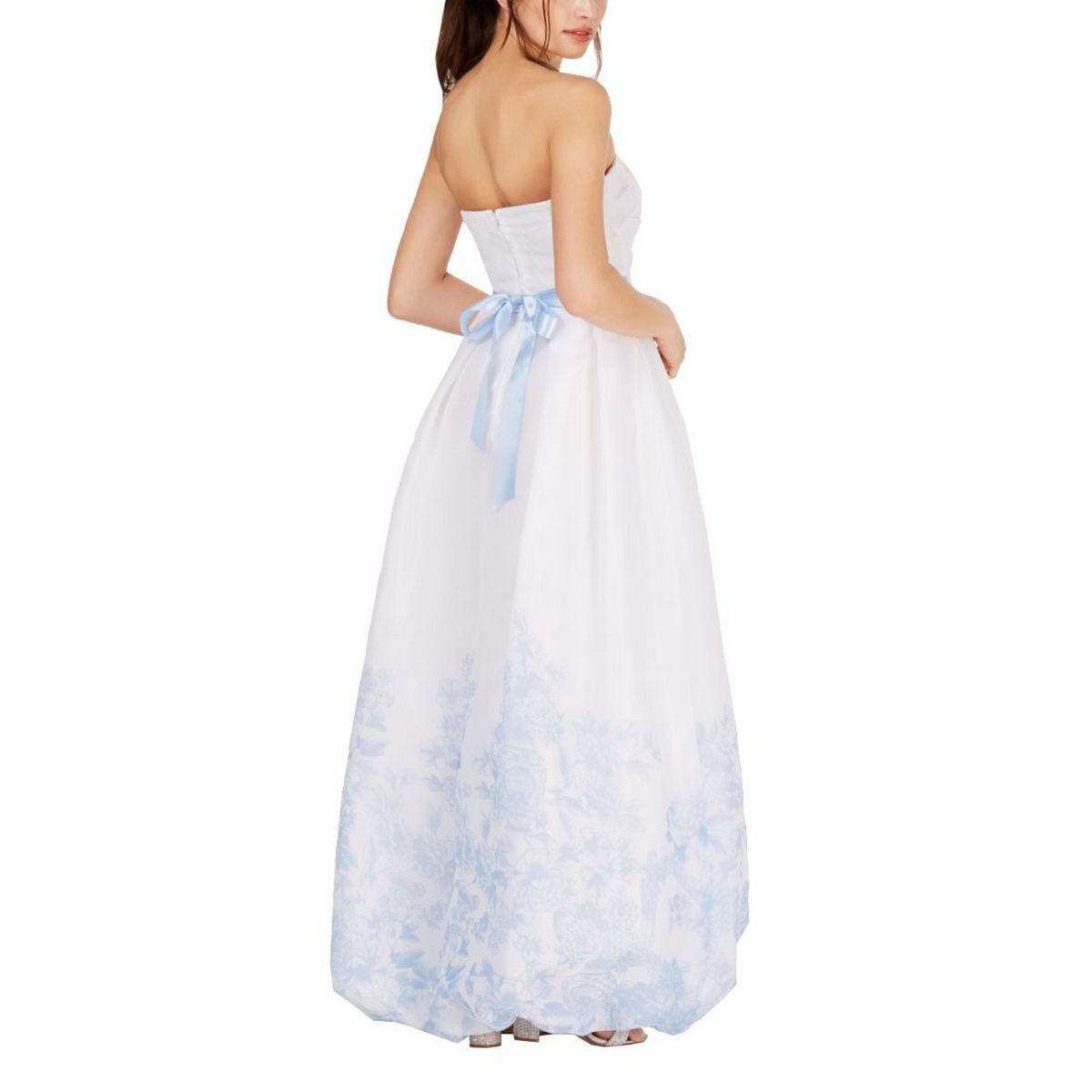 Teeze Me Juniors Strapless Floral-Hem Gown, Size 9-10/ White & Blue