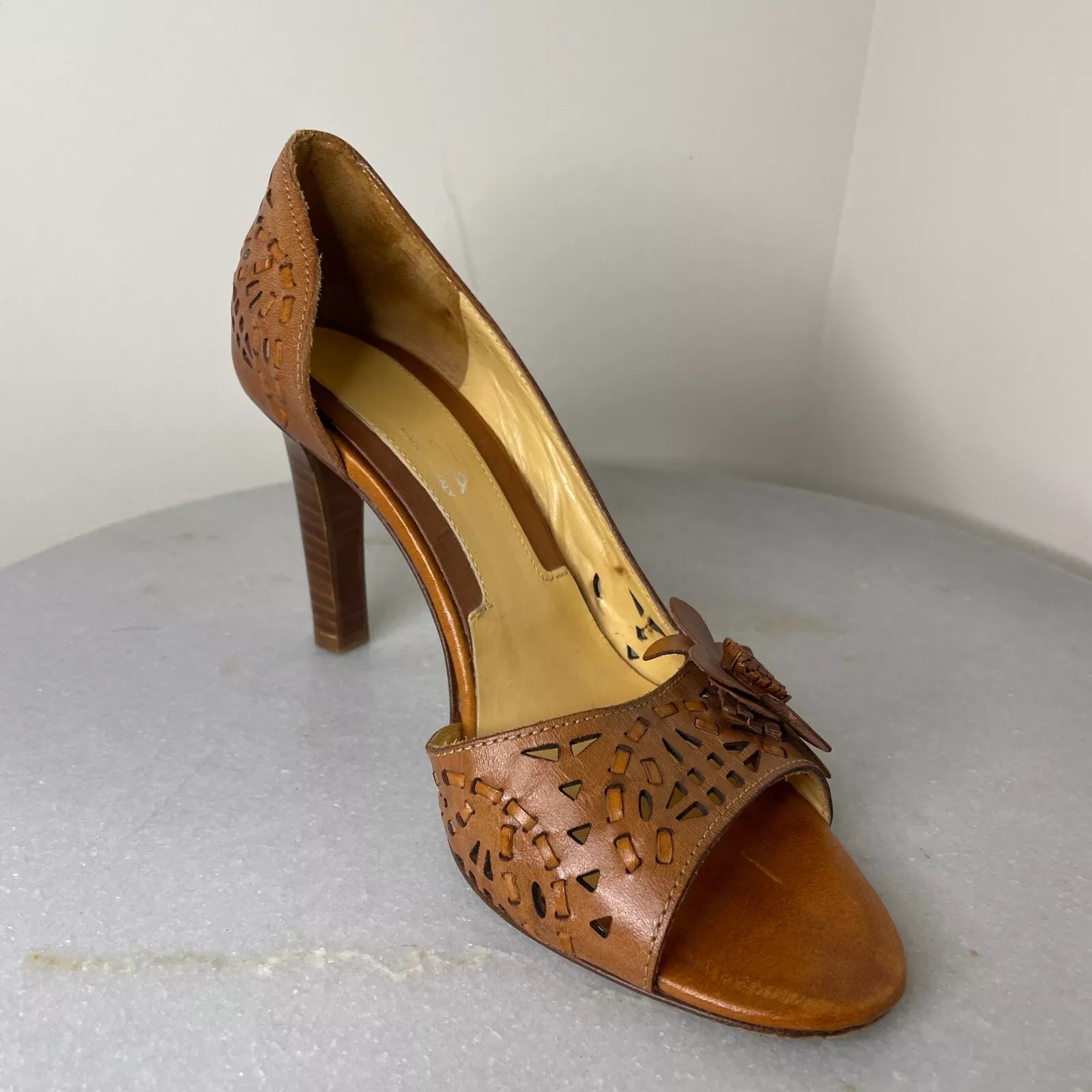 Via Spiga Tan Woven Leather Open Toe Heels With Cut Outs Womens Sz 8