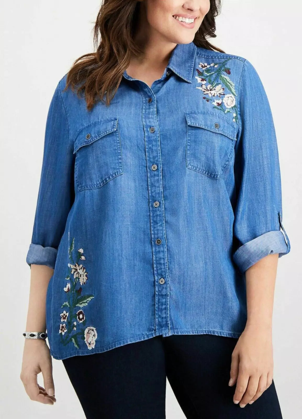 Style and Co Womens Embroidered Floral Print Button-Down Denim Top, Size OX