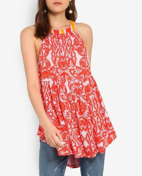 Free People Womens Top Orange Halter Colorblock Tunic, Size XS