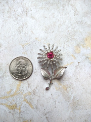 Emmons Vintage Silver Tone Flower Brooch Pin with Pink Rhinestone Estate Jewelry