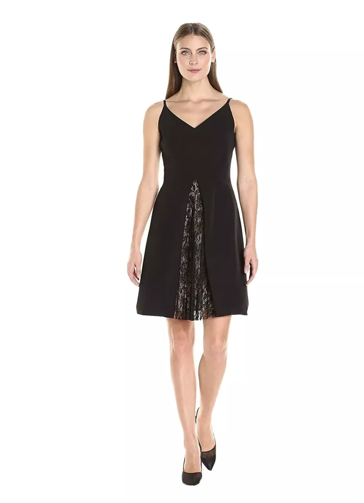 Maggy London Women's Dream Crepe Fit and Flare with Feminine Lace, Black,size 2