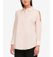 Dkny Women'S Pink Button Down Cold Shoulder Long-Sleeve Blouse Top Shirt, Large