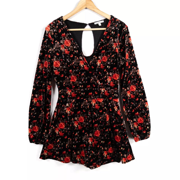 Charlotte Russe Velvet Long Sleeve Deep V-Neck Black Floral Romper, Size Small