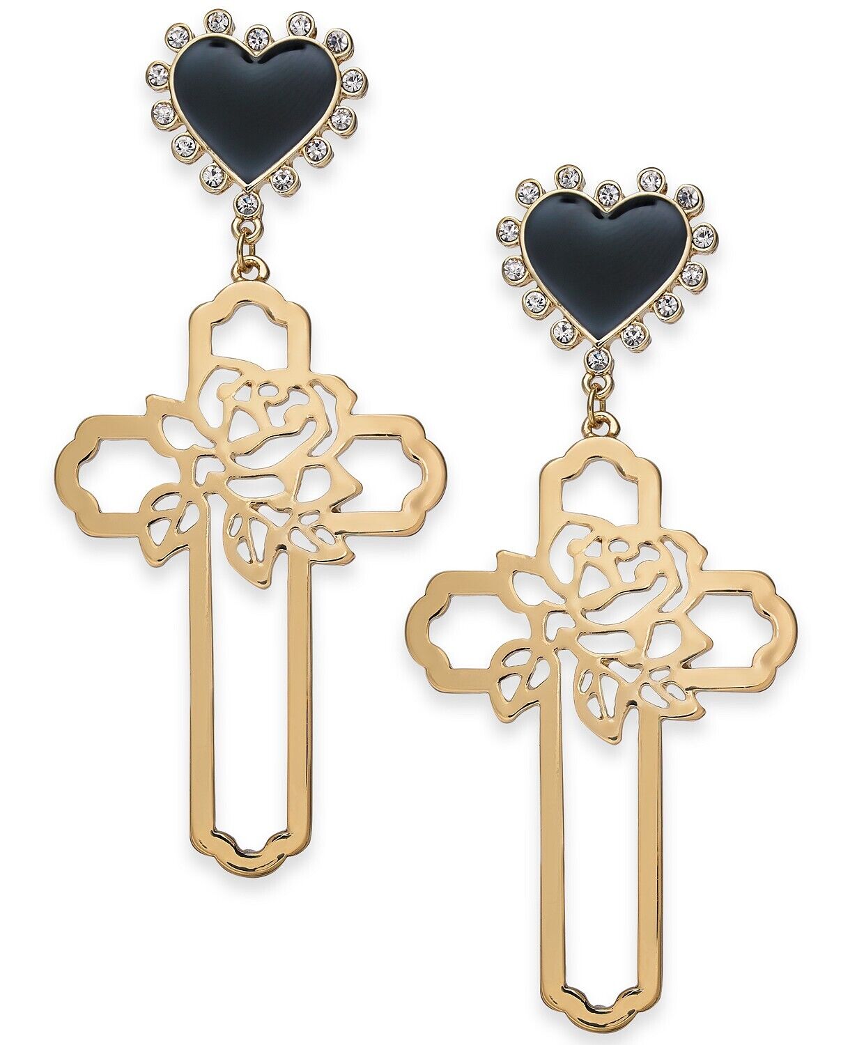 Thalia Sodi Gold-Tone Rose-Cross and Heart Stud Drop Earrings