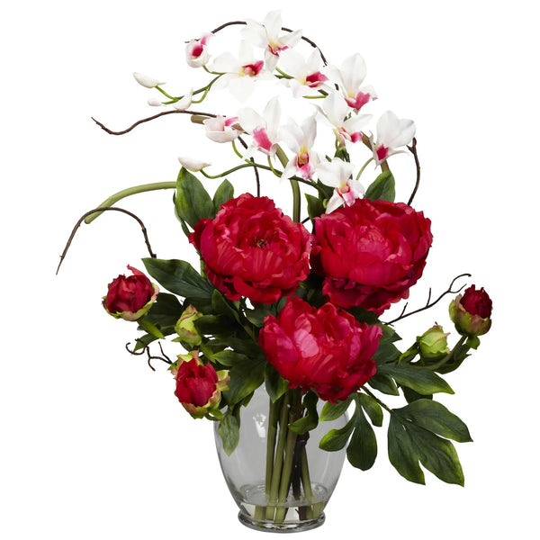 Nearly Natural Artificial 21.5 Peony and Orchid Flower Arrangement in Faux Water