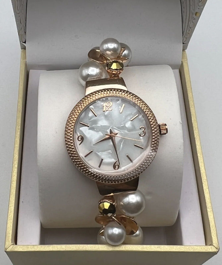 Inc Womens Rose Gold-Tone Crystal and Imitation Pearl Stretch Watch 32mm