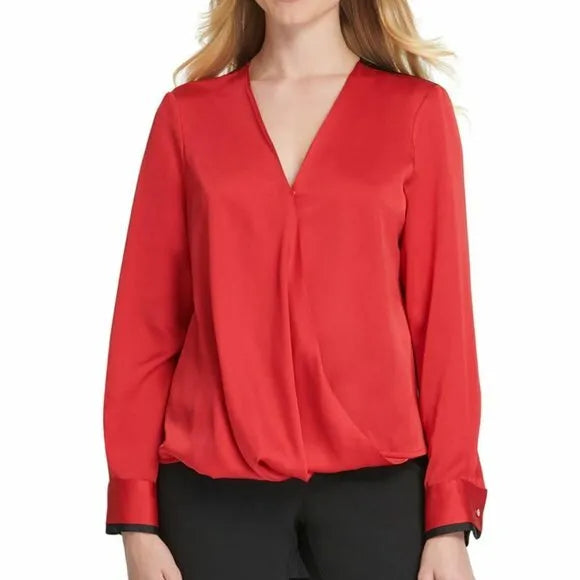 Dkny Hammered Satin Twist-Front Blouse, Size Medium