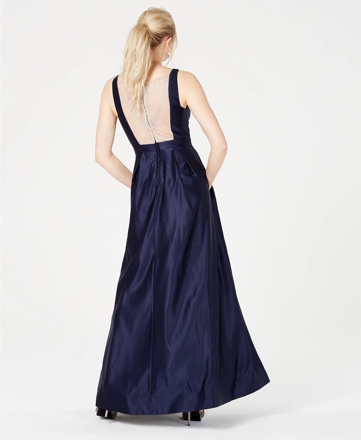 City Studios Juniors Beaded-Back Satin Gown, 3/Navy