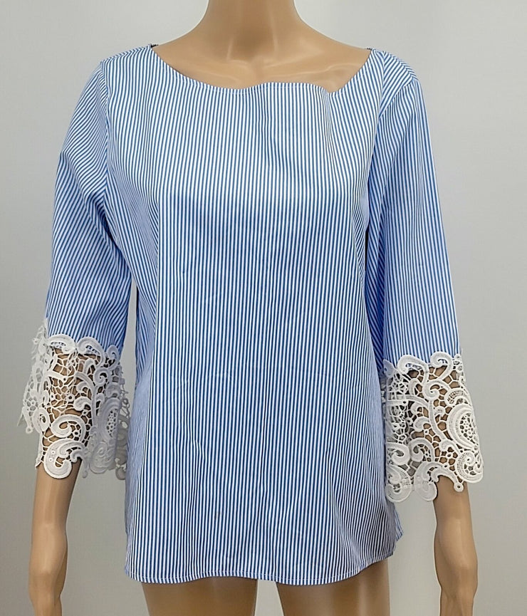 Lace Bell Sleeves Blue White Striped Nautical Blouse Size Medium