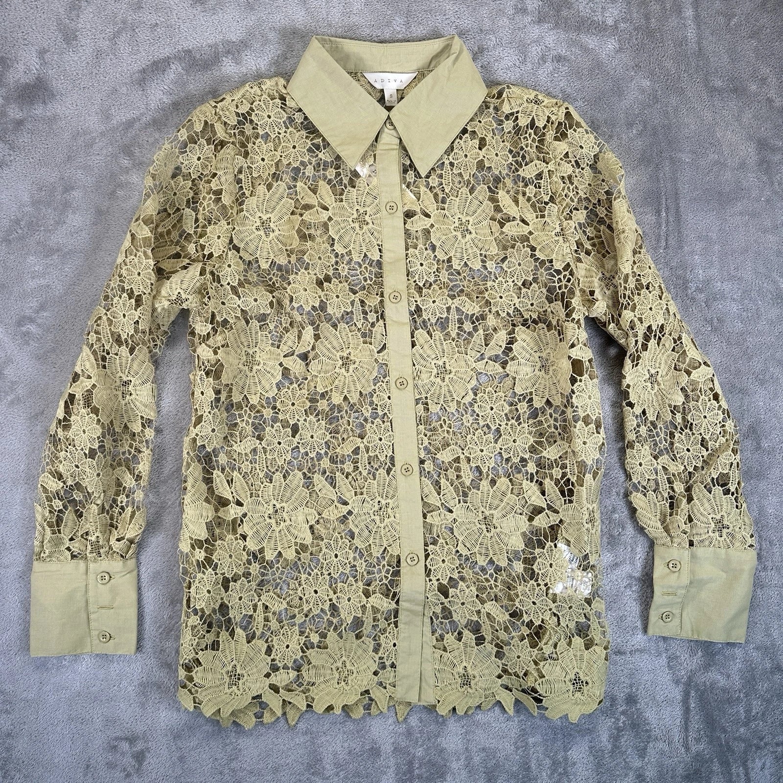 Adiva Embroidered Crochet Mesh Blouse Sheer Color Grass, Medium