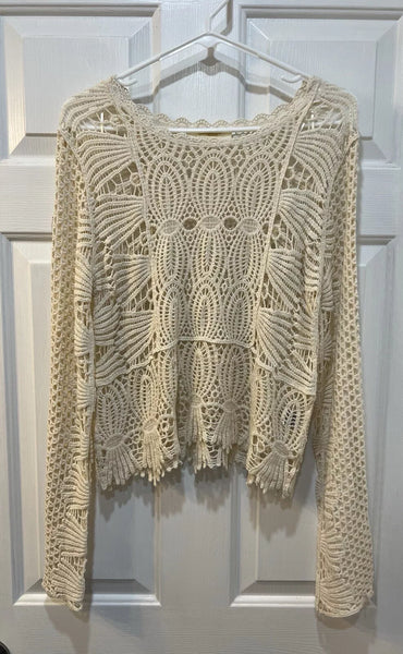 Rebellion Again BOHO Crochet Crop Top Long Sleeve Ivory Cottagecore Beachy Sz L