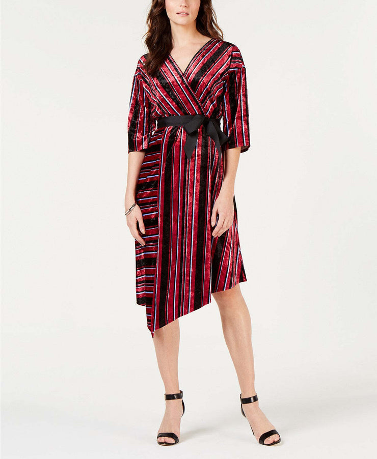 NY Collection Petite Striped Velvet Asymmetrical Dress, Red Multi, Size PM
