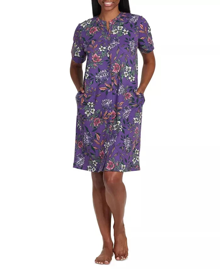 Miss Elaine Womens Floral Short-Sleeve Gripper Robe - Eggplant Multi Floral