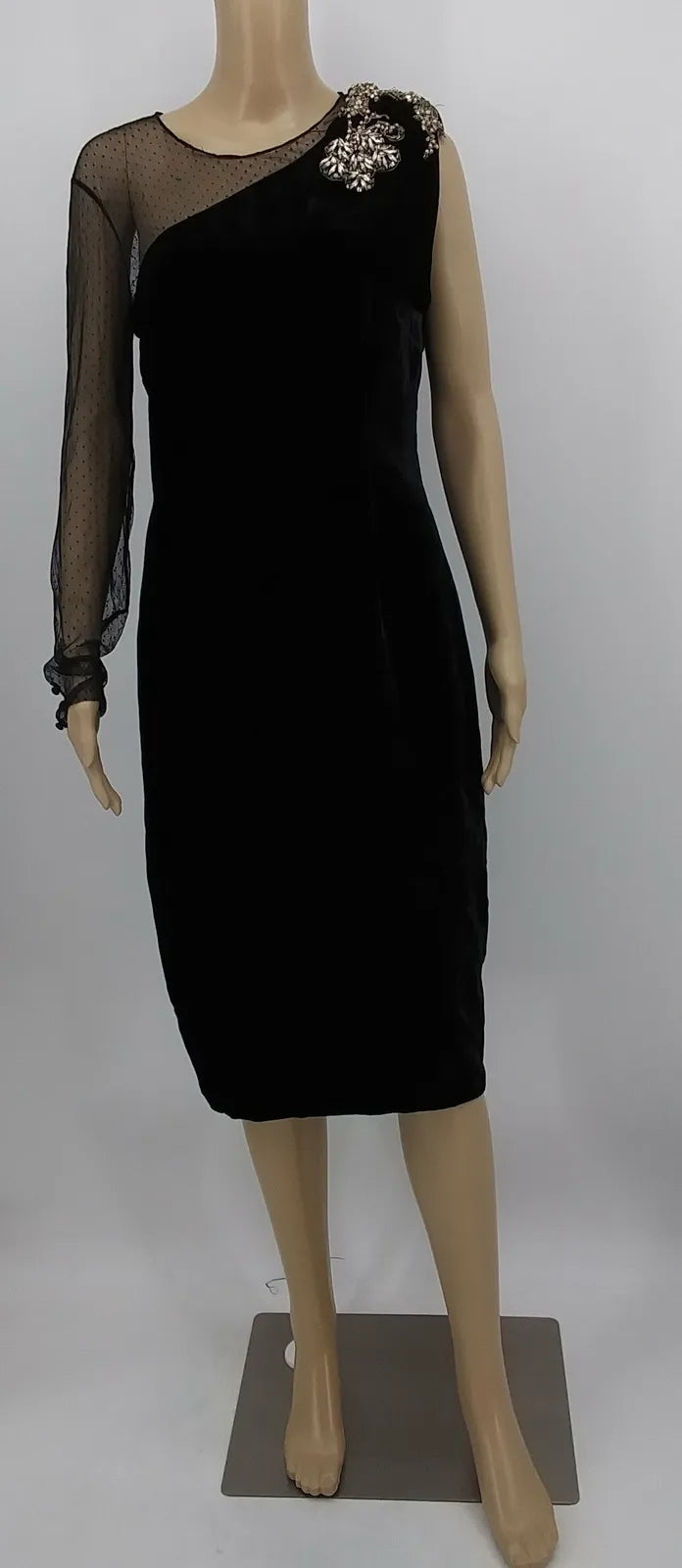 Sachin & Babi Noir Bali One-Shoulder Velvet Dress w/ Brooch, Size 8