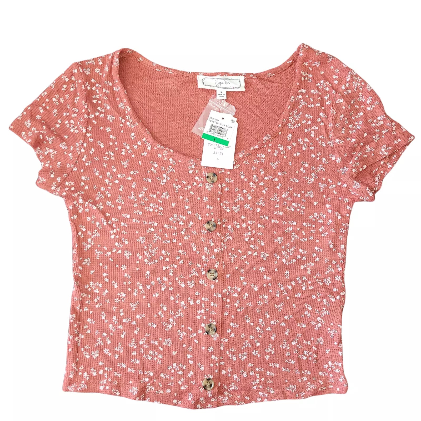 Hippie Rose Juniors Button-Trimmed Waffle-Knit Top