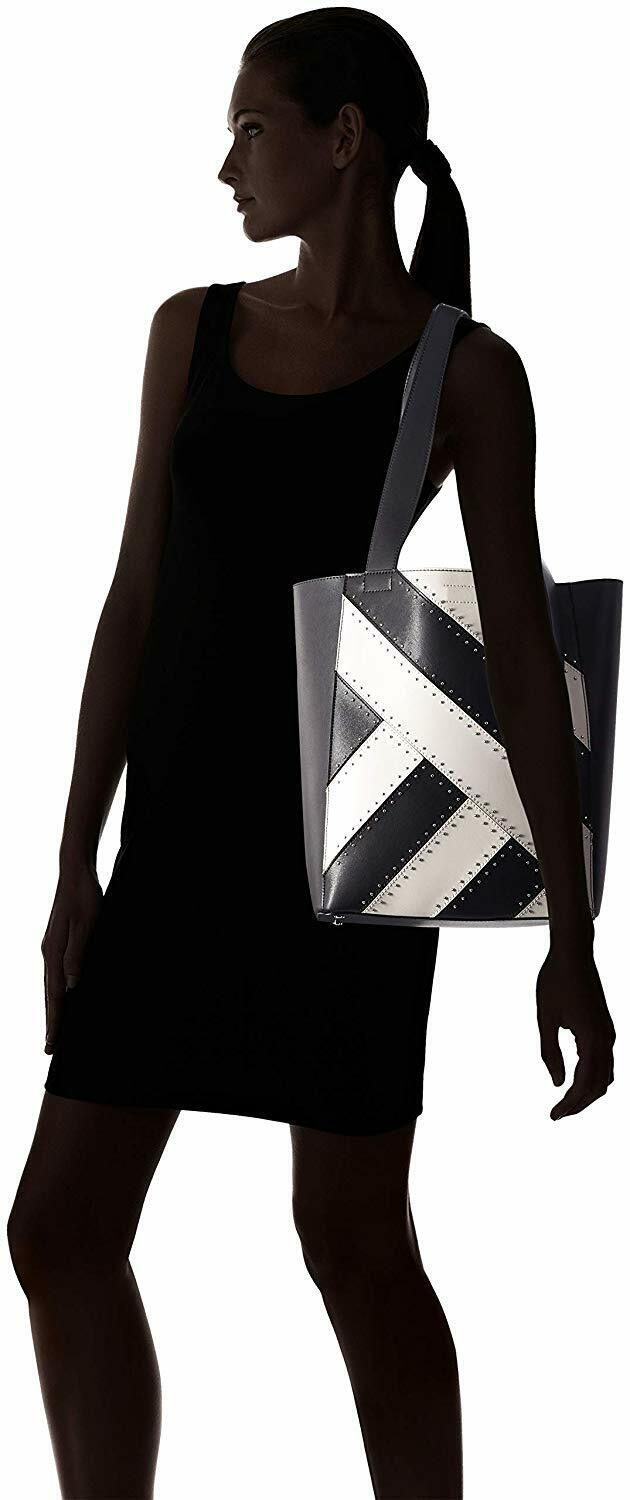 Calvin Klein Black White Leather Karsyn Studded Tote Bag