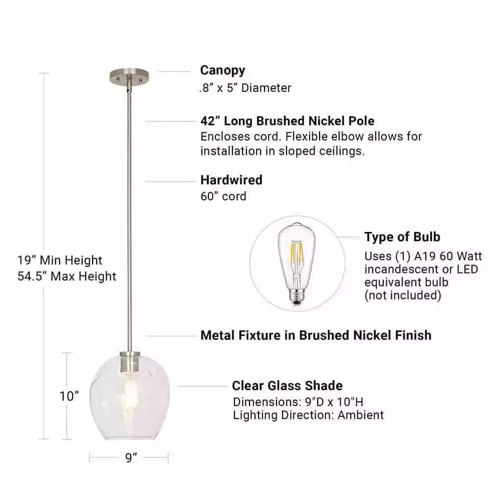 Cresswell Lighting 9″ Modern Brushed Nickel Clear Glass Round Mini Pendant Ceili