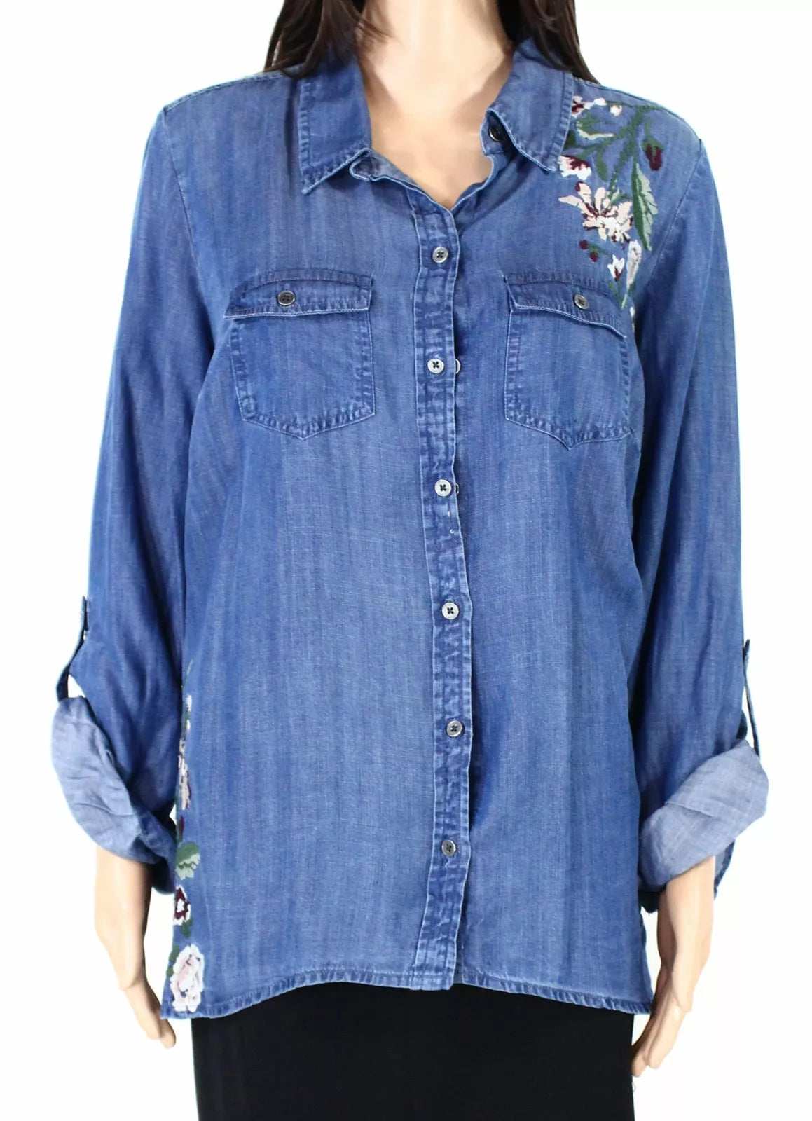 Style and Co Womens Embroidered Floral Print Button-Down Denim Top, Size OX