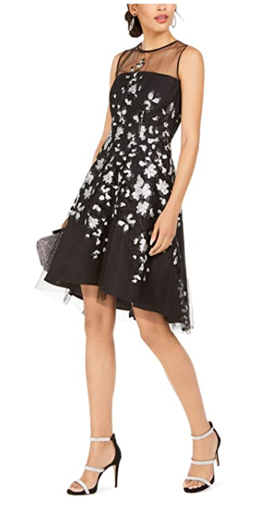 Tahari ASL Womens Hi-Low Illusion Neckline Embroidered Dress, Size 2