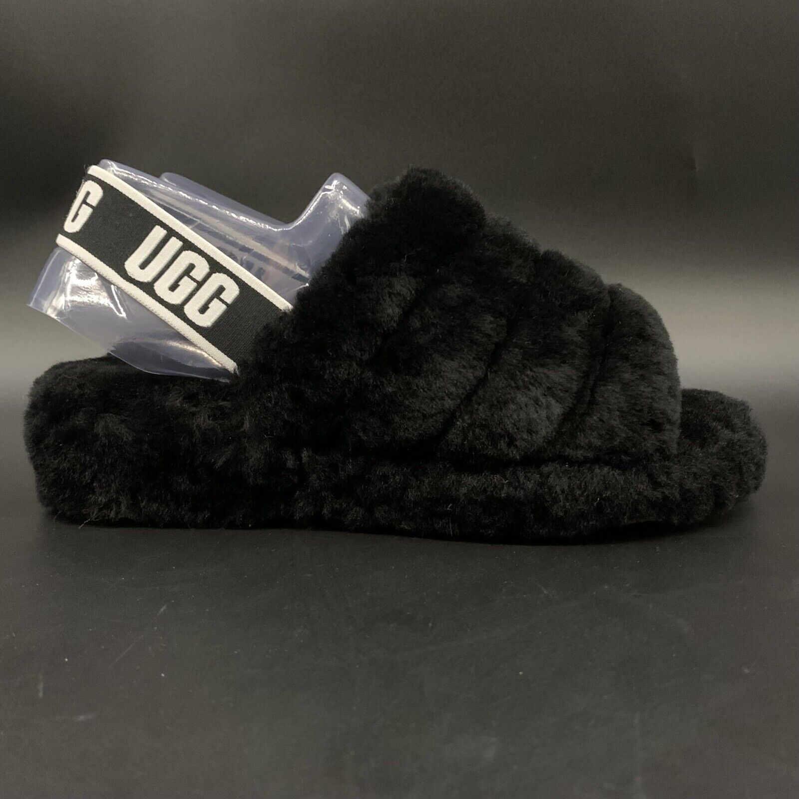 UGG Fluff Yeah Slide Black Sheepskin Slingback Shoes Slippers Size US 8 Womens