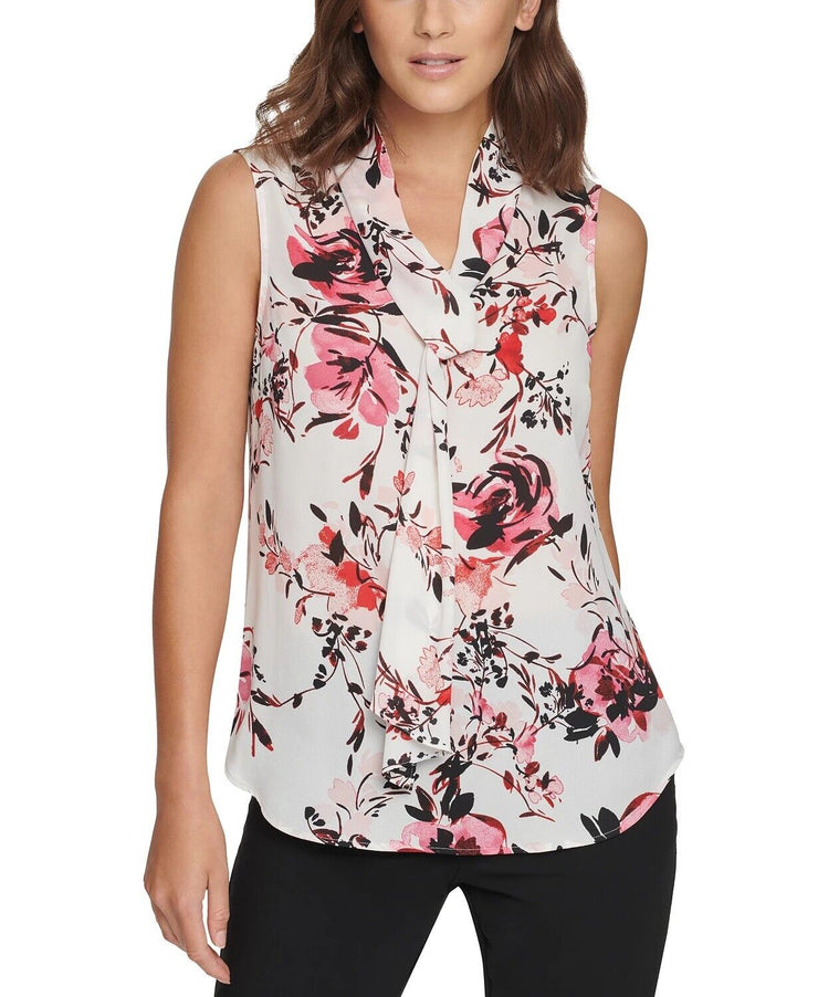 Dkny Floral Tie-Neck Top, Size Large
