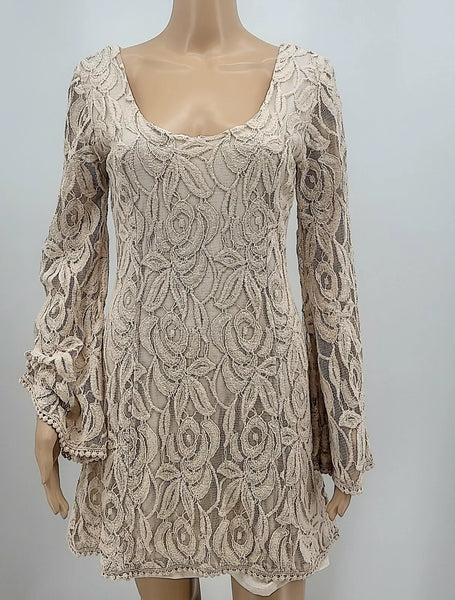 Staring at Stone Bell Sleeve Boho Coffee in the Morning Lace Tunic, Size Medium