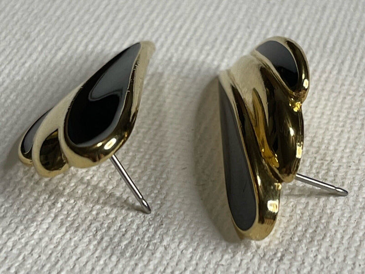 Vintage Trifari Gold Tone Black Enamel Accent Pierced Earrings