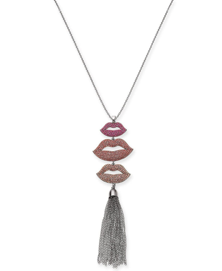 Thalia Sodi Silver-Tone Pave Lip and Chain Tassel 32 Pendant Necklace