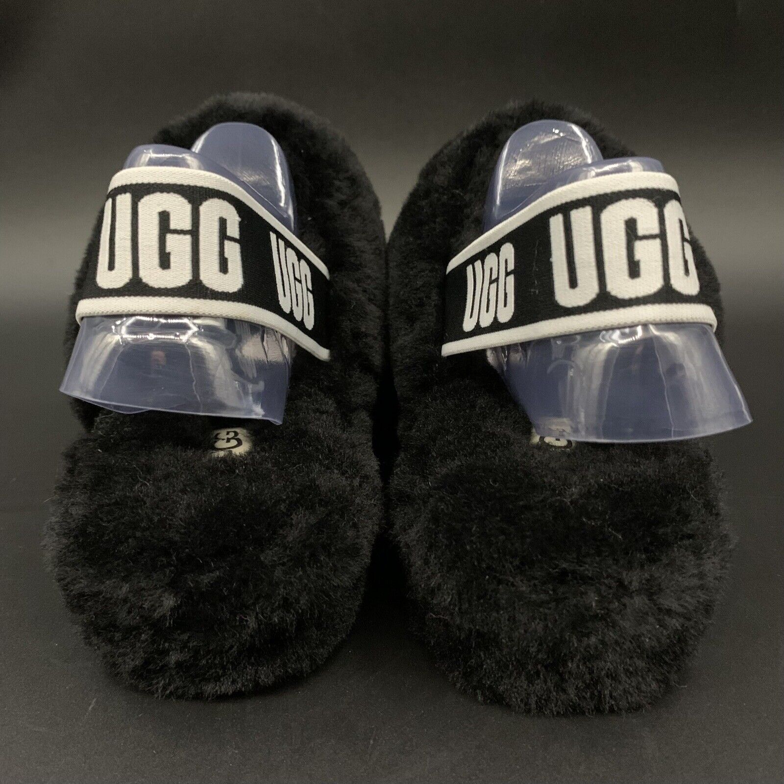 UGG Fluff Yeah Slide Black Sheepskin Slingback Shoes Slippers Size US 8 Womens