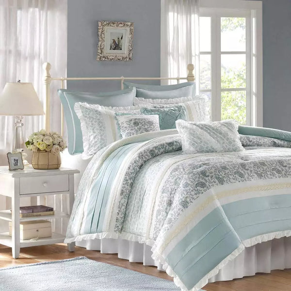 Madison Park Vanessa Comforter Set Cotton Percale Queen Size in Aqua (9-Piece)