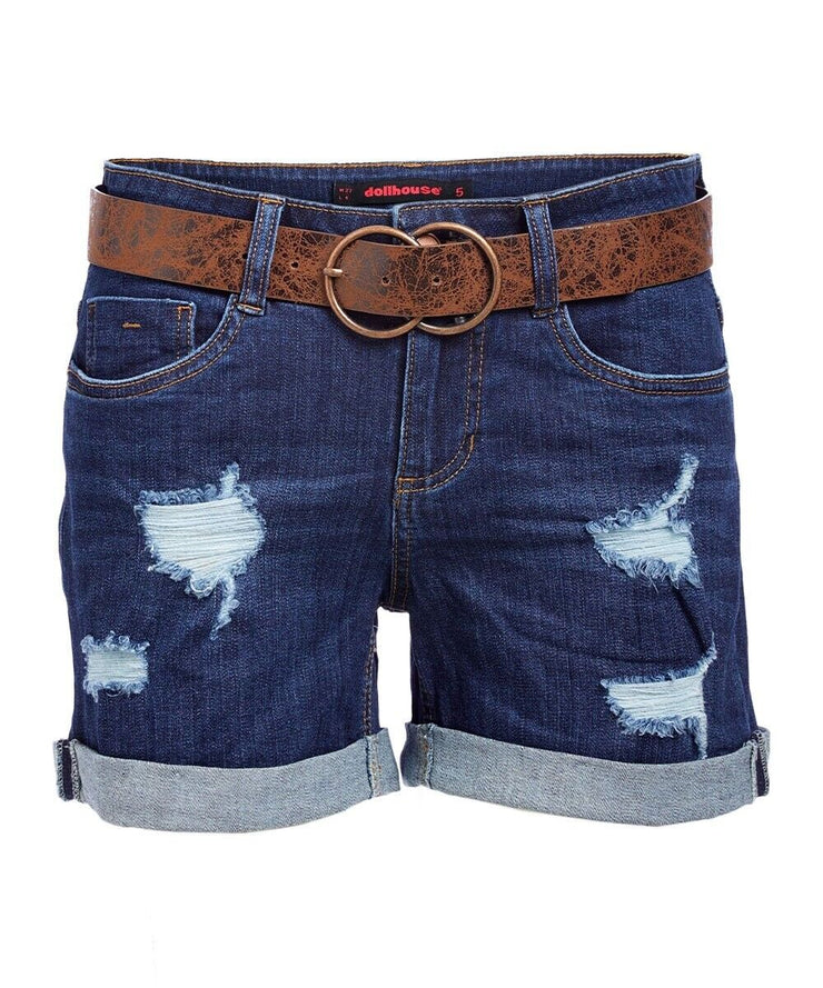 Dollhouse Juniors Ripped Belted Denim Shorts,Size W30