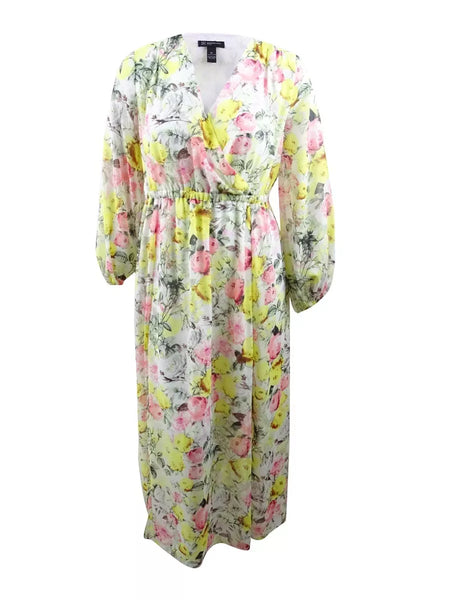 INC Womens Yellow Printed Long Sleeve V Neck Maxi Dress Plus, Size 1X